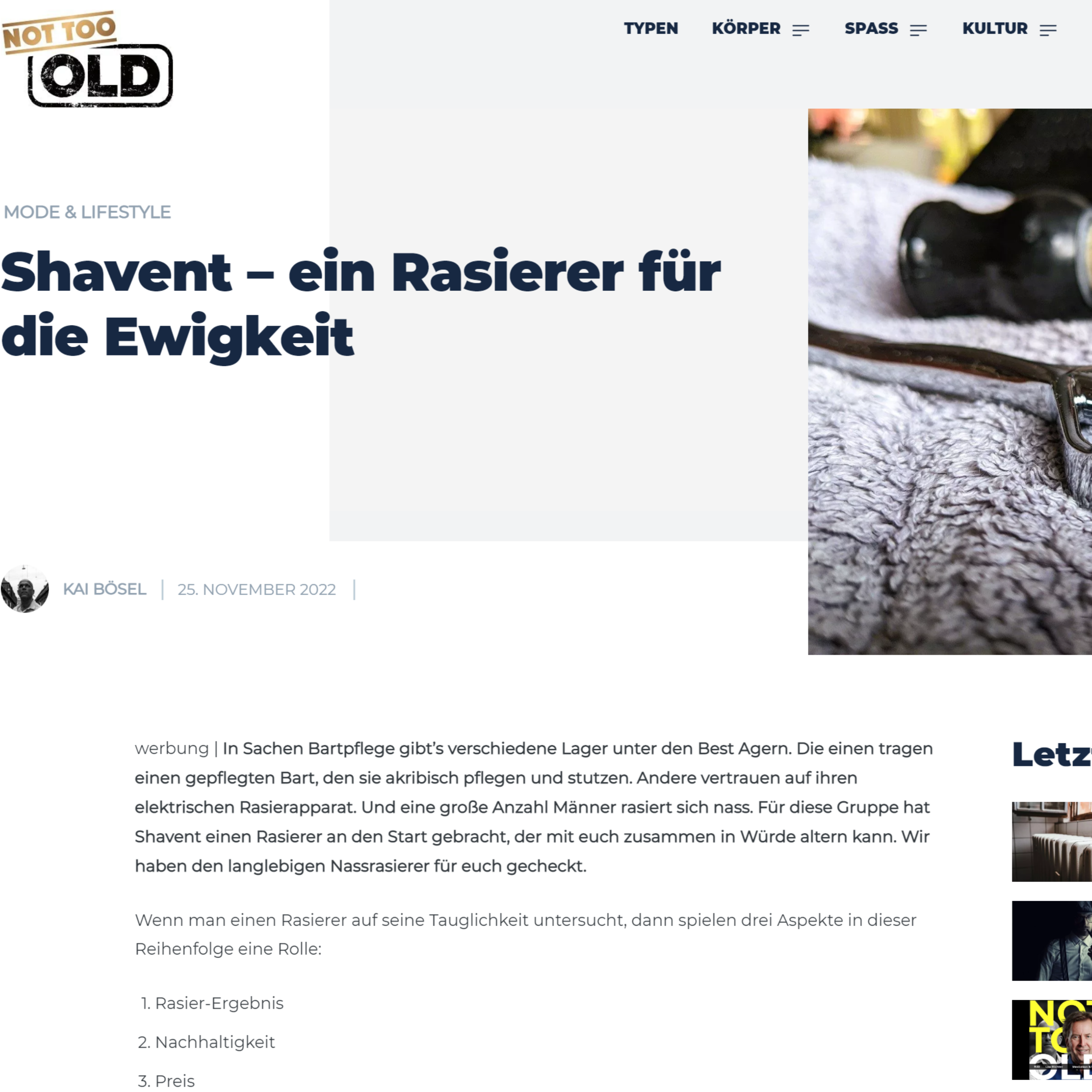 SHAVENT im Männermagazin Not too old