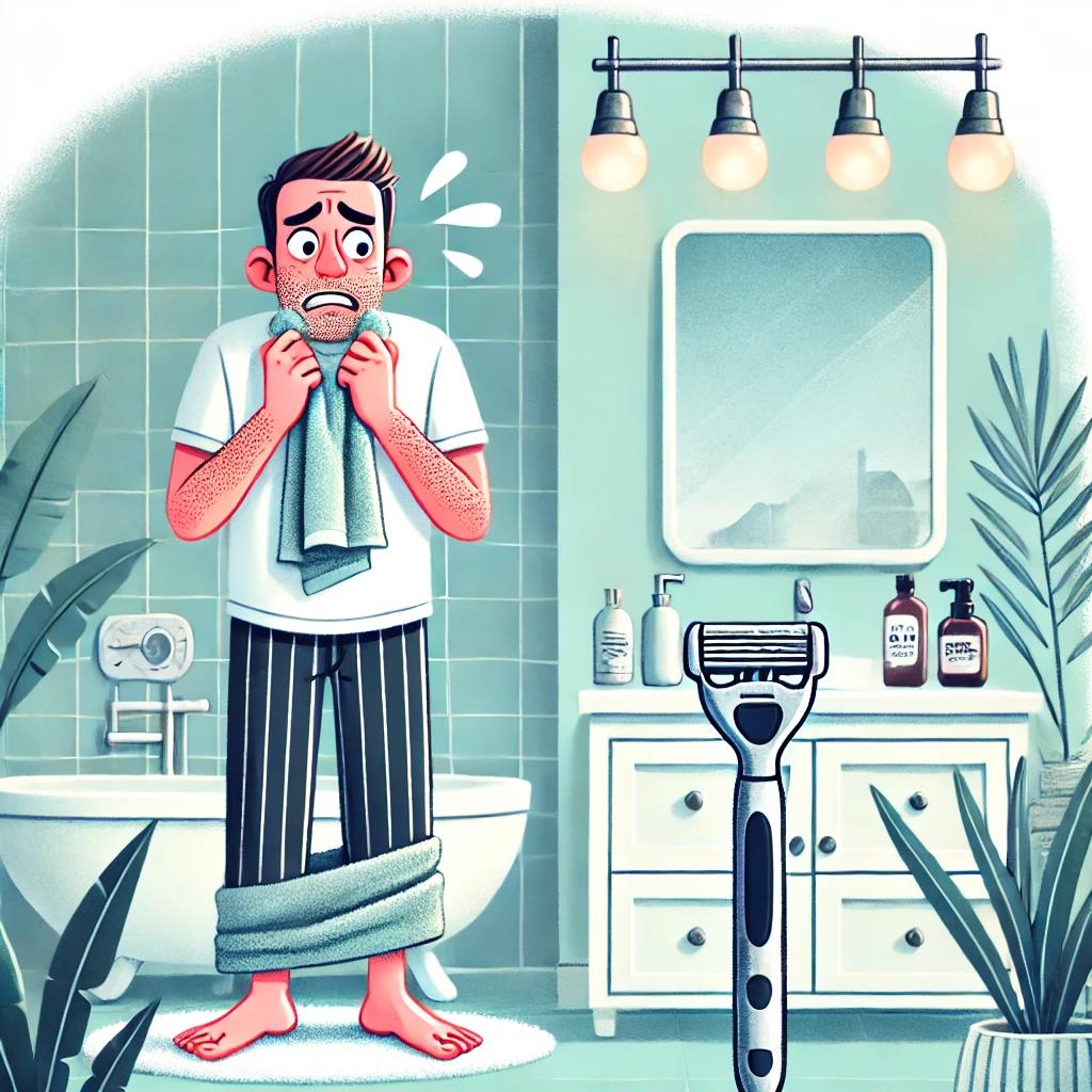 Ein Cartoon-Mann im Badezimmer in Pyjama, der sein Hemd mit einem Handtuch abwischt, neben einem Waschbecken und Pflanzen.