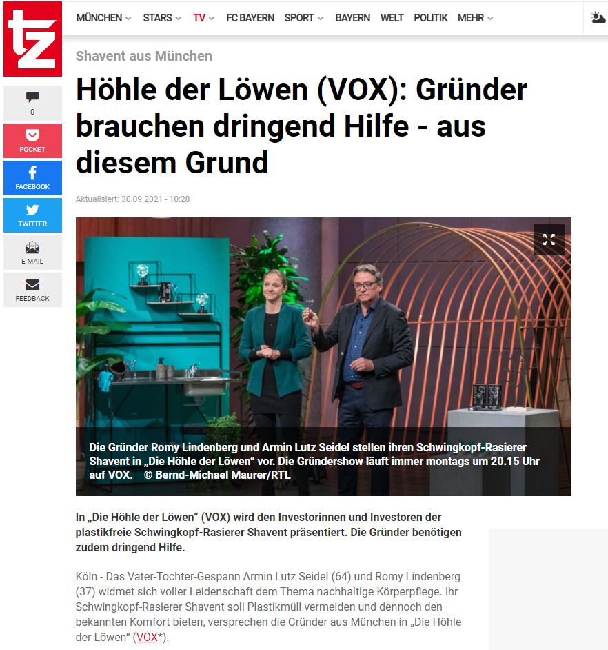 SHAVENT in der tz.de - Münchner Startup in der Höhle der Löwen