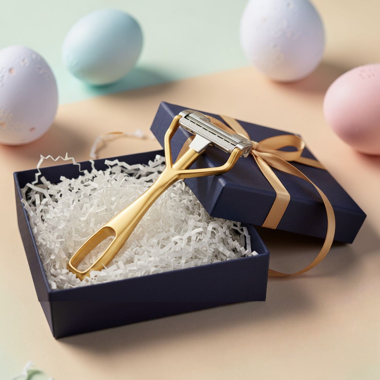 SHAVENT Compact Oster Special: Goldrasierer in Geschenkbox mit Ostereiern, ideal für sanfte Körperrasur, inkl. gratis Klingen-Test-Set. Perfekt für Frühling und Sommer.