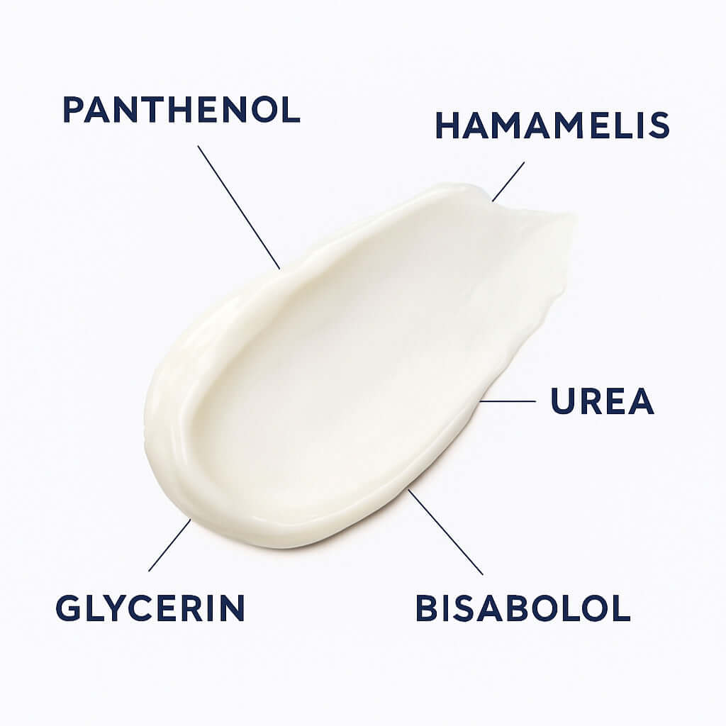 Der SHAVENT Face Shave Ritual zeigt eine Creme mit Inhaltsstoffen: Panthenol, Hamamelis, Urea, Bisabolol, Glycerin, für perfekt rasierte Haut.