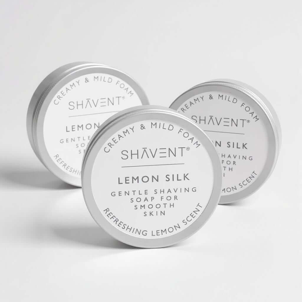 SHAVENT Lemon Silk – Sanfte Rasierseife im runden Alutiegel, ideal für Gesicht und Körper, mit cremigem Schaum und frischem Lemon-Duft.