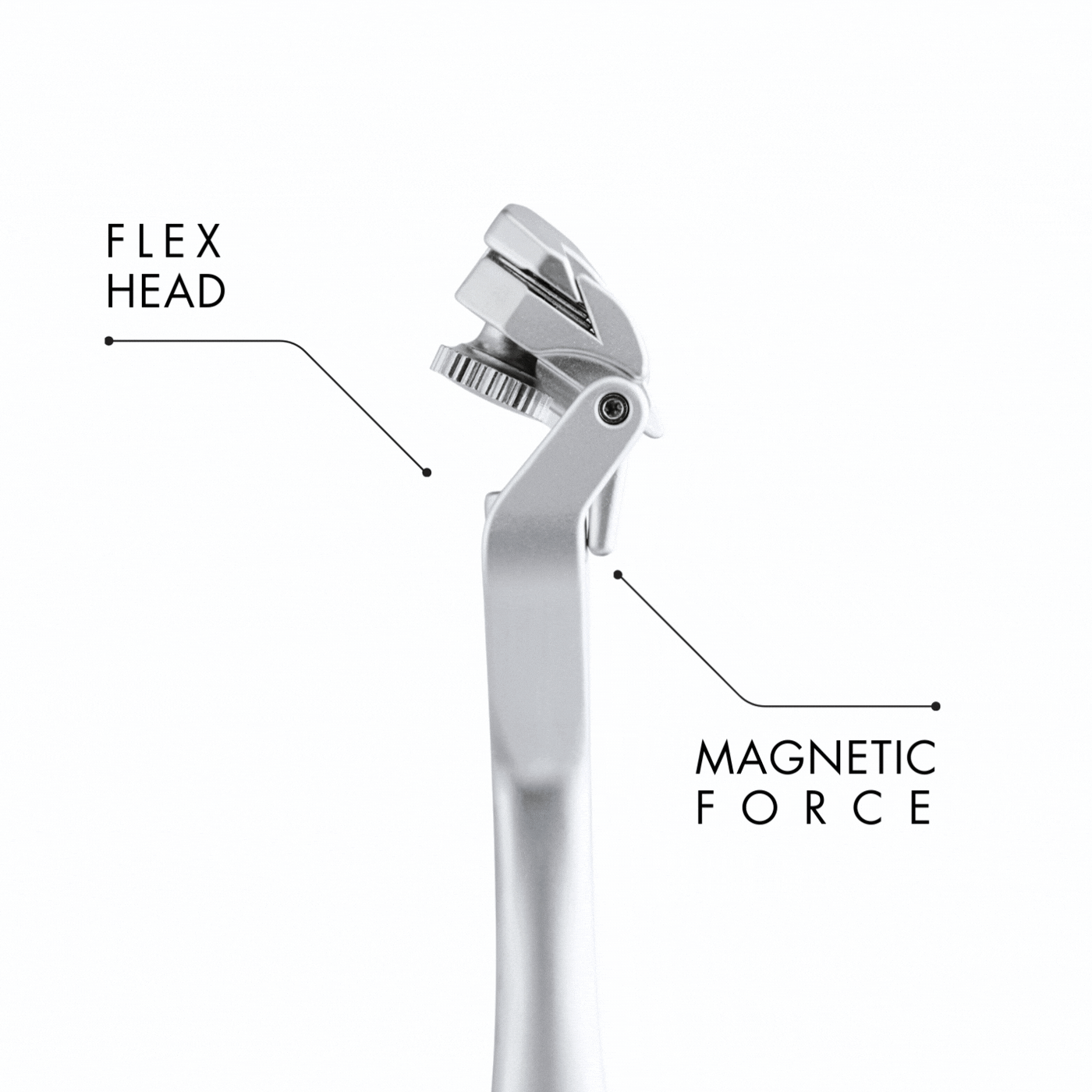 Silberner SHAVENT Rasierer mit FLEX HEAD und magnetischem Klingenaufsatz, Teil des Frauen-Geschenk-Sets fĂŒr glatte Haut und luxuriöse Rasurerlebnisse.