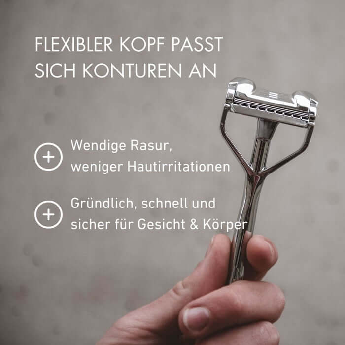 SHAVENT Face Shave Ritual: Chromrasierer mit flexiblem Kopf für konturangepasste, gründliche Rasur. Weniger Hautirritationen, ideal für Gesicht und Körper.