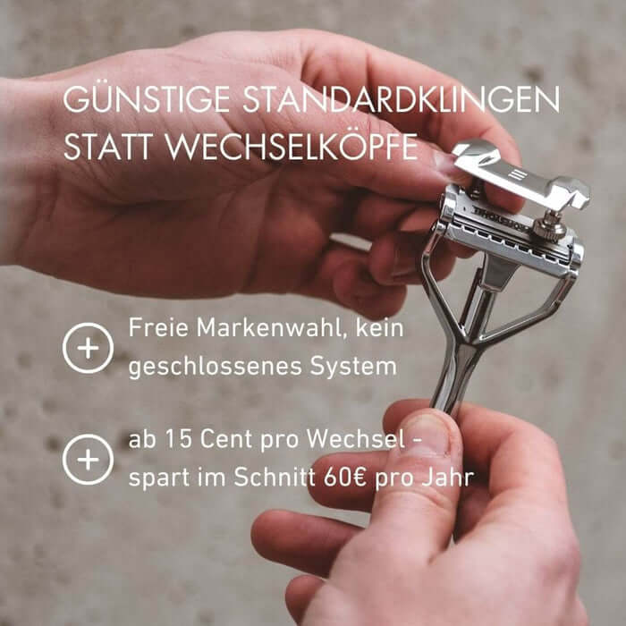 Nahaufnahme des Wechsels einer Klinge am SHAVENT Gesichtspflege-Rasierer, der kostengünstige Standardklingen statt teurer Wechselköpfe nutzt, um jährlich 60 € zu sparen.