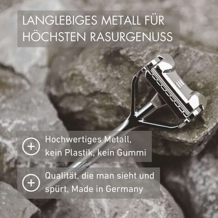 SHAVENT Face Shave Ritual: Hochwertiger, komplett metallener Rasierer auf Steinen, für eine perfekte Rasur, hergestellt in Deutschland.