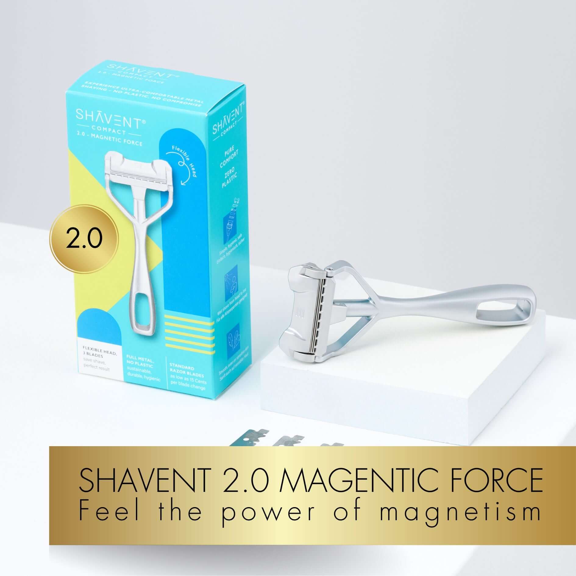 SHAVENT 2.0 Magnetic Force Rasier-Set: Eleganter silberner Rasierer, magnetische Klinge, ergänzt durch Ersatzklingen und Verpackung. Ideal für gründliche Rasur, umweltfreundlich, plastikfrei.