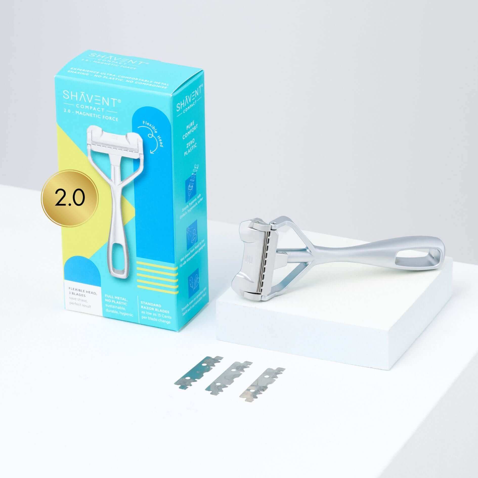 SHAVENT 2.0 couplegoals Set: Teal-gelbe Box, metallener Rasierer mit Schwenkkopf, drei Klingen. Nachhaltiges Nassrasur-Set für Singles Day.