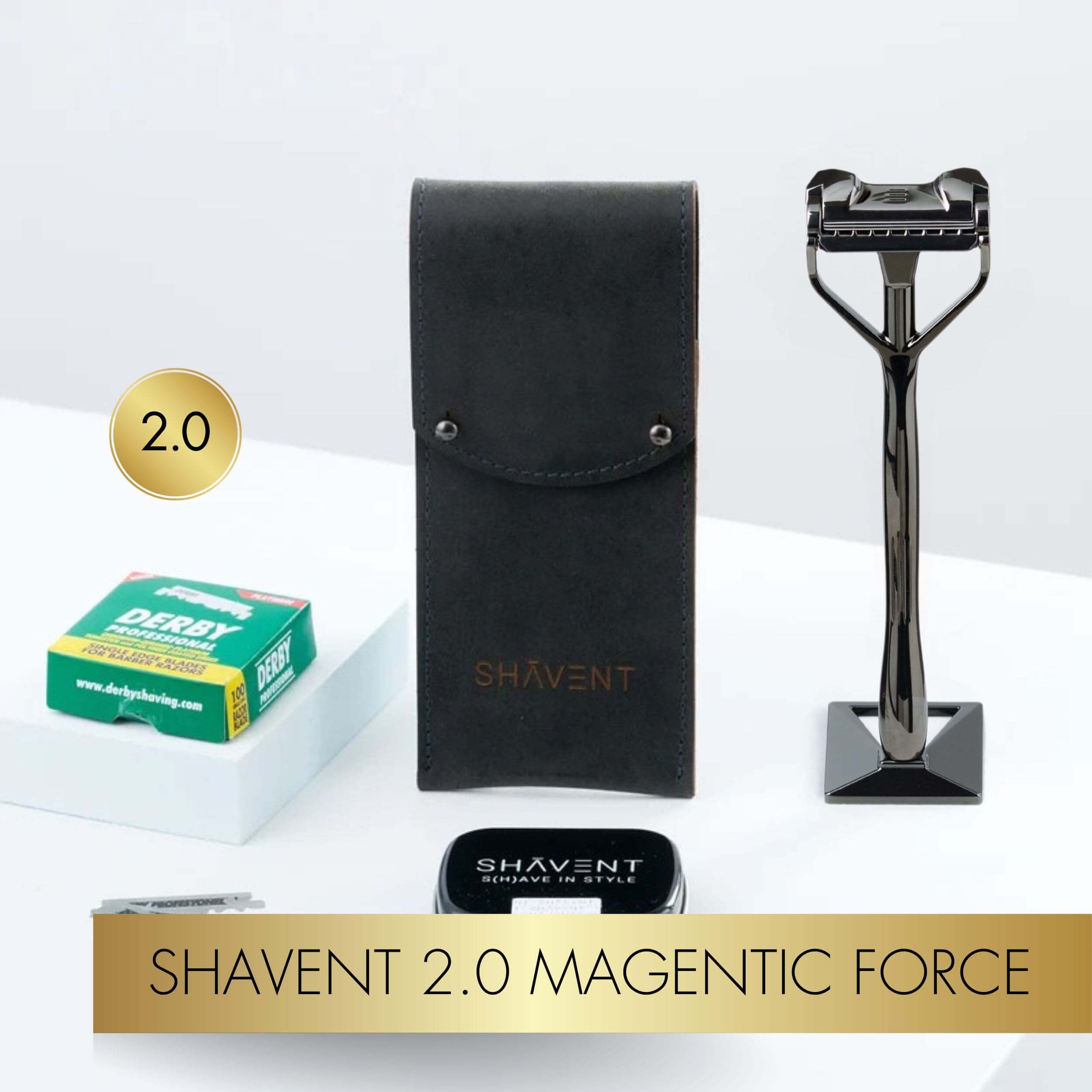 SHAVENT Original Rasierer Reise-Set mit Ledertasche, inklusive Schwingkopfrasierer, Klingen, Klingensammeldose und hochwertiger, pflanzlich gegerbter, bayrischer Ledertasche. Ideal für plastikfreie Nassrasur.