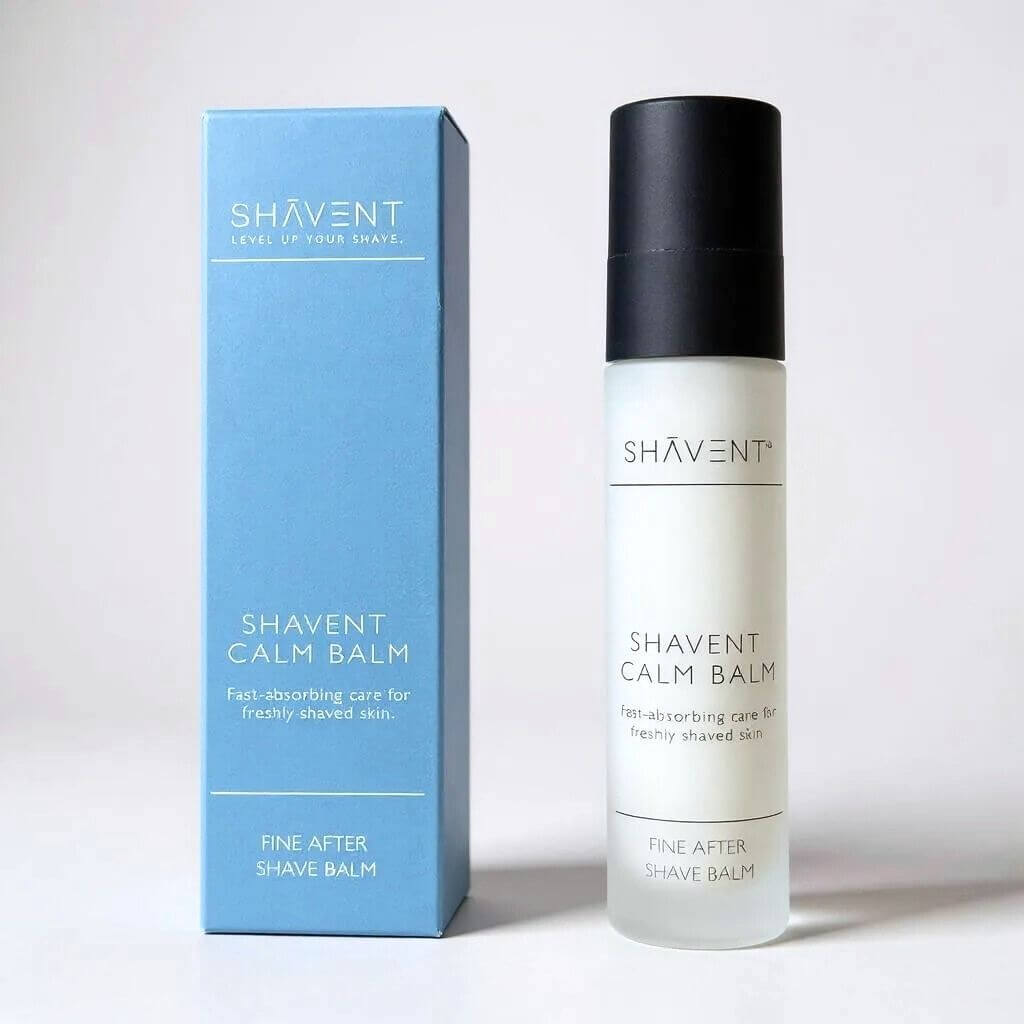 SHAVENT Calm Balm und Verpackung, Teil des großen SHAVENT Männer-Geschenk-Sets, bietet beruhigende Pflege nach der Rasur für ein elegantes Rasurritual.