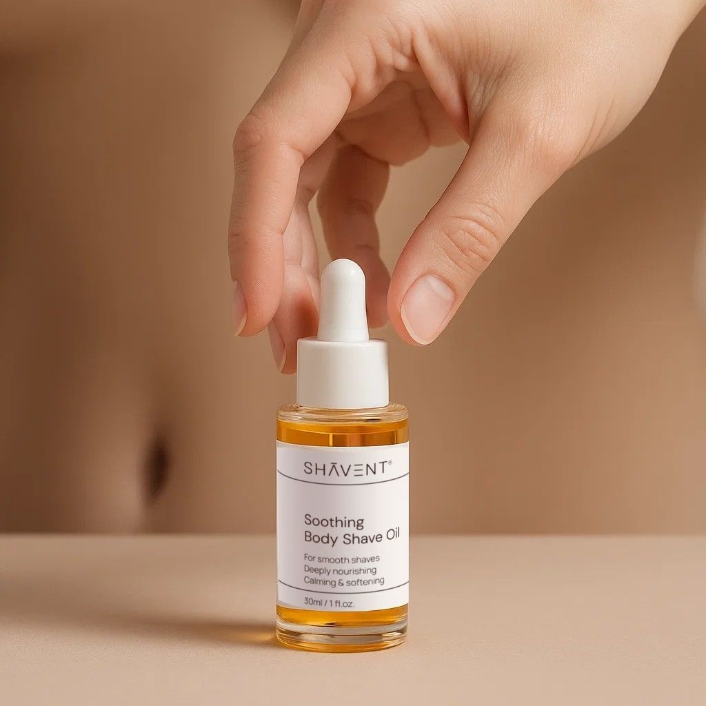 SHAVENT Soothing Body Shave Oil - Rasieröl für eine sanfte, pflegende Körperrasur, präsentiert in einer eleganten Flasche, ideal für empfindliche Haut.