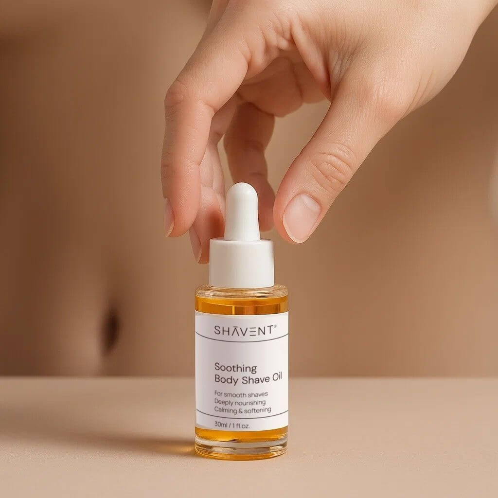 SHAVENT Body Shave Ritual Set: Nahaufnahme einer Hand mit Rasierölflasche, bietet sanfte Körperrasur ohne Irritationen, für ein luxuriöses Rasurerlebnis.