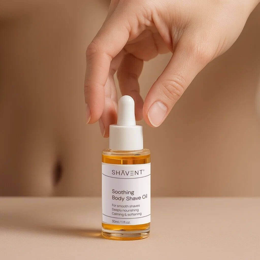 SHAVENT Body Shave Ritual Set: Nahaufnahme einer Hand mit Rasierölflasche, bietet sanfte Körperrasur ohne Irritationen, für ein luxuriöses Rasurerlebnis.