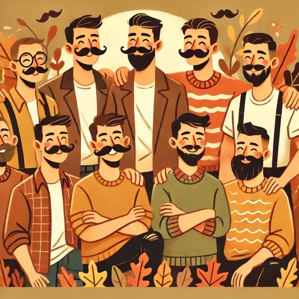 Eine Gruppe von Männern mit Schnurrbärten, darunter Illustrationen, passend zur Marke SHAVENT, die hochwertige Nassrasurprodukte für Damen und Herren anbietet.