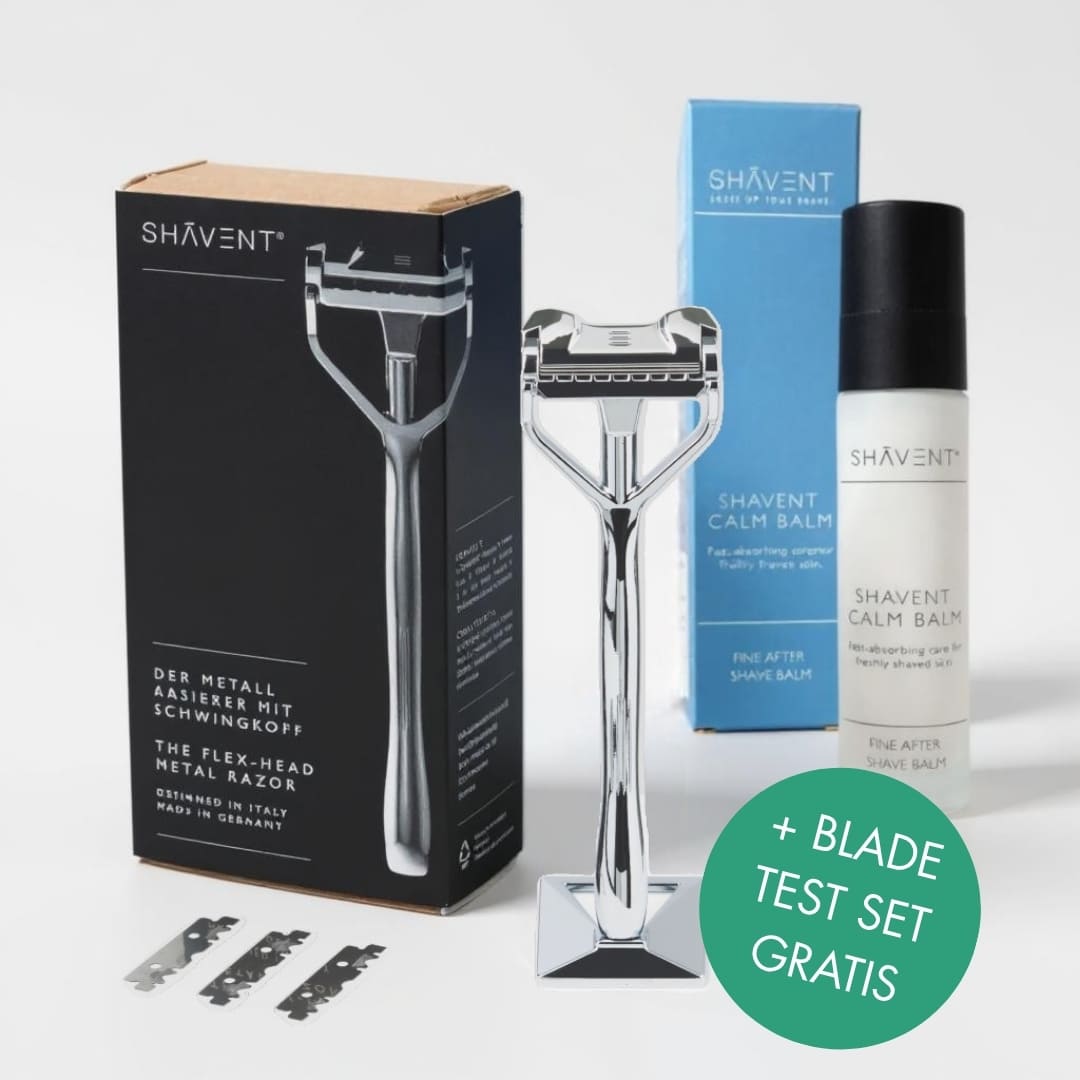 SHAVENT Face Shave Ritual: Komplettes Set mit Chrom-Rasierer, Standfuß, drei Klingen, Rasierbox und Calm Balm After-Shave Lotion für perfekte Rasur.