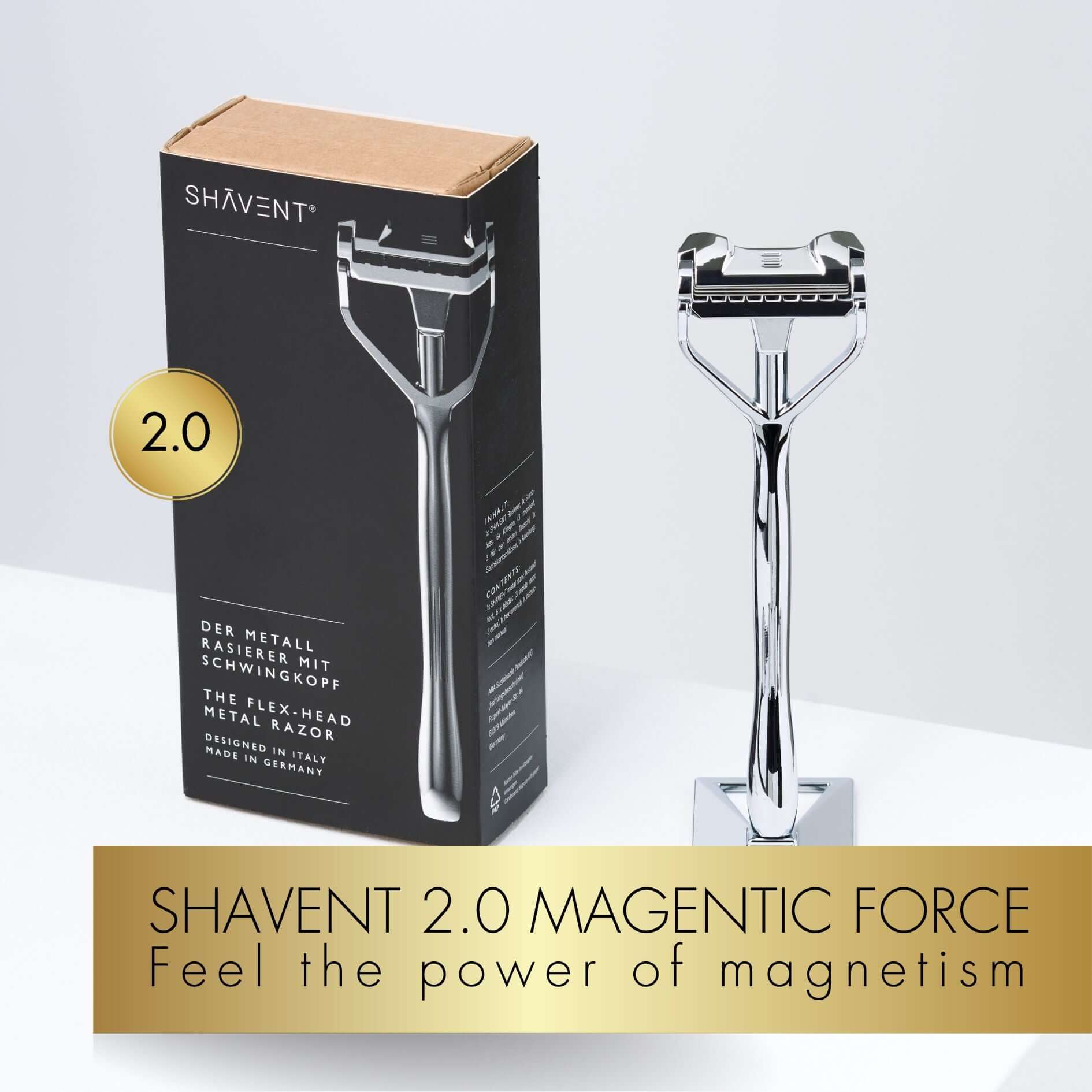 SHAVENT 2.0 Magnetic Force Rasierer und Ständer vor schwarzer Box, Valentinstags-Special: Original & Compact Set, ideal für gründliche Rasur zu Hause und unterwegs.