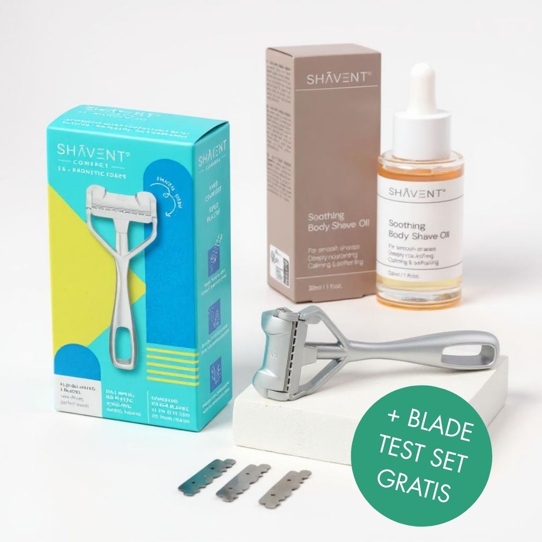 SHAVENT Body Shave Ritual: Nahaufnahme einer Box und Flasche, ideal für sanfte Körperrasur ohne Ziehen oder Brennen. Perfekt für ein geschmeidiges Hautgefühl.